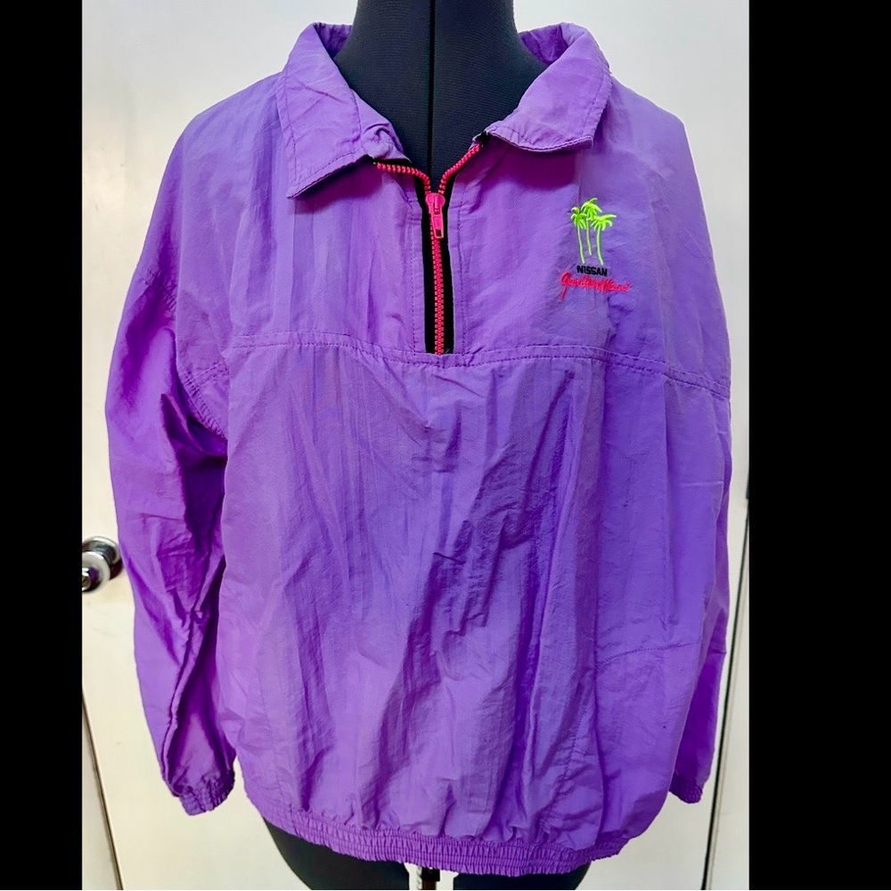 VINTAGE 1980s F1 MIAMI GRAND PRIX RACING SHELL TOP WINDBREAKER NEON PURPLE ZIP S